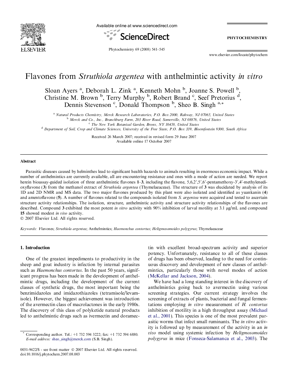 Flavones from Struthiola argentea with anthelmintic activity in vitro