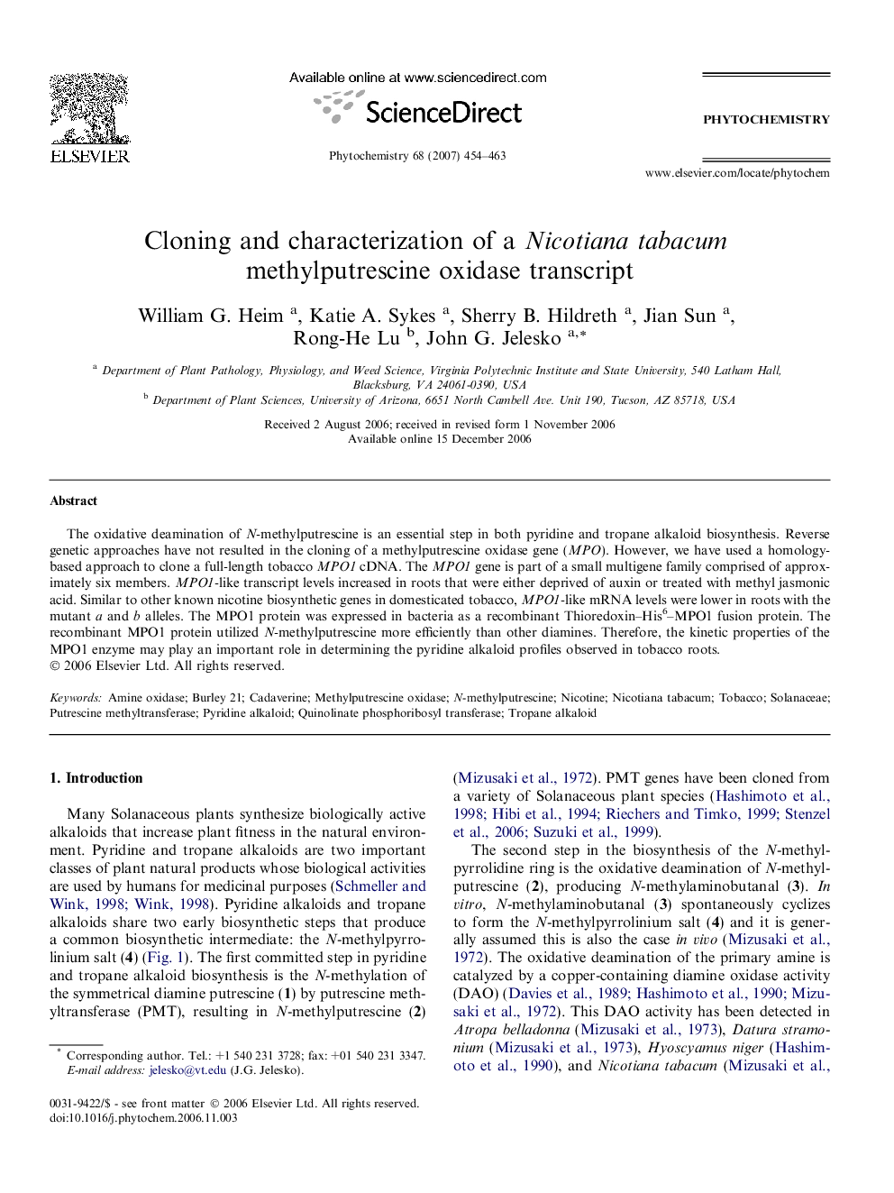 Cloning and characterization of a Nicotiana tabacum methylputrescine oxidase transcript