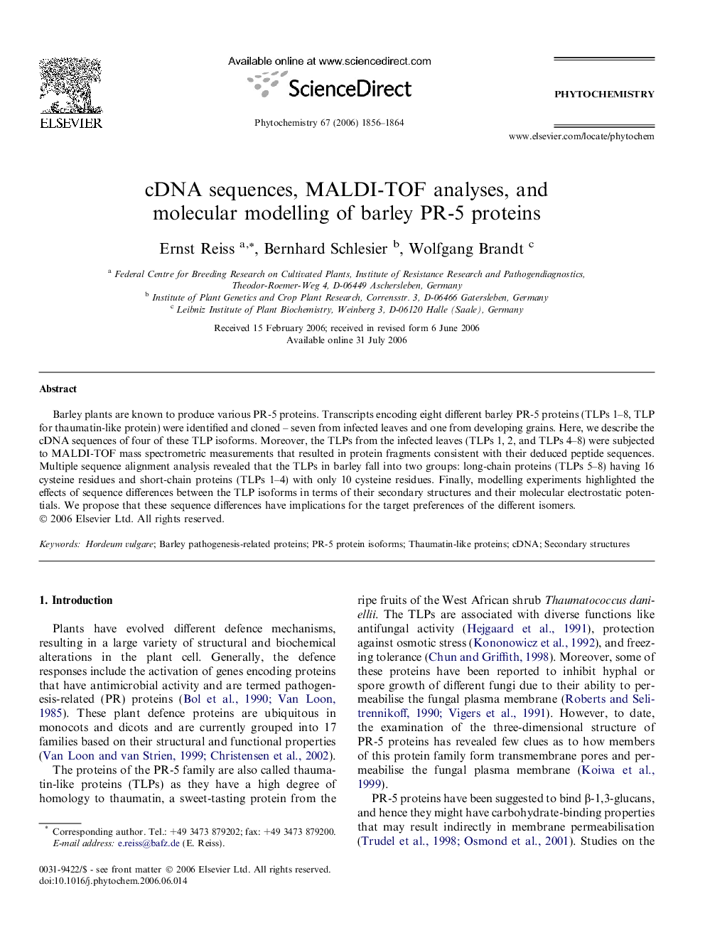 cDNA sequences, MALDI-TOF analyses, and molecular modelling of barley PR-5 proteins