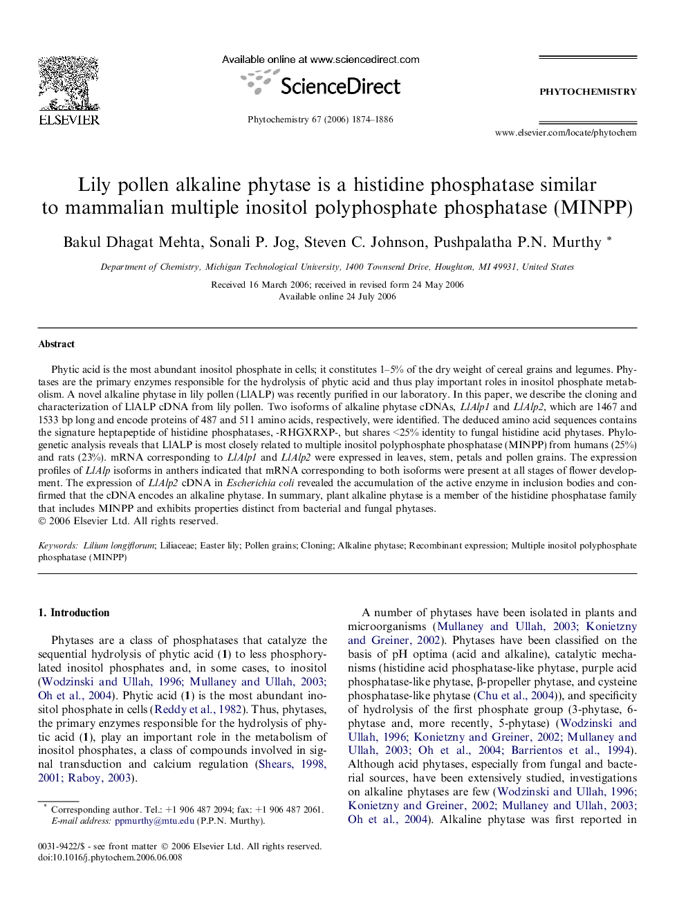 Lily pollen alkaline phytase is a histidine phosphatase similar to mammalian multiple inositol polyphosphate phosphatase (MINPP)