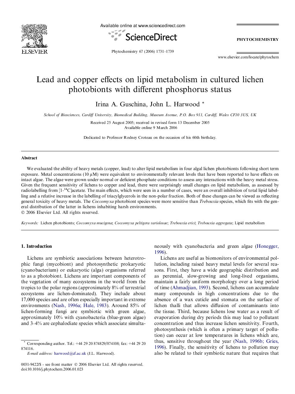 Lead and copper effects on lipid metabolism in cultured lichen photobionts with different phosphorus status