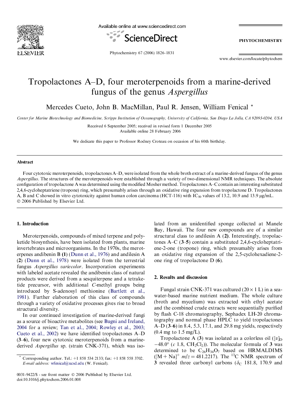 عکس صفحه اول مقاله: Tropolactones A-D, four meroterpenoids from a marine-derived fungus of the genus Aspergillus Tropolactones A-D, four meroterpenoids from a marine-derived fungus of the genus Aspergillus