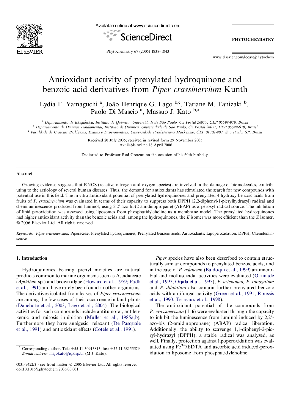 Antioxidant activity of prenylated hydroquinone and benzoic acid derivatives from Piper crassinervium Kunth