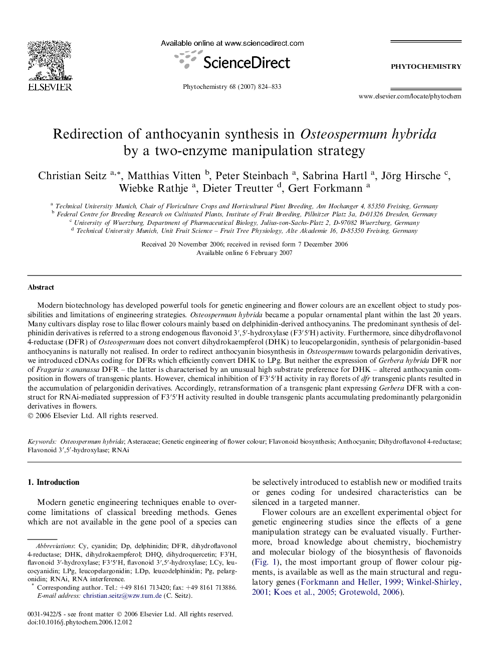 Redirection of anthocyanin synthesis in Osteospermum hybrida by a two-enzyme manipulation strategy