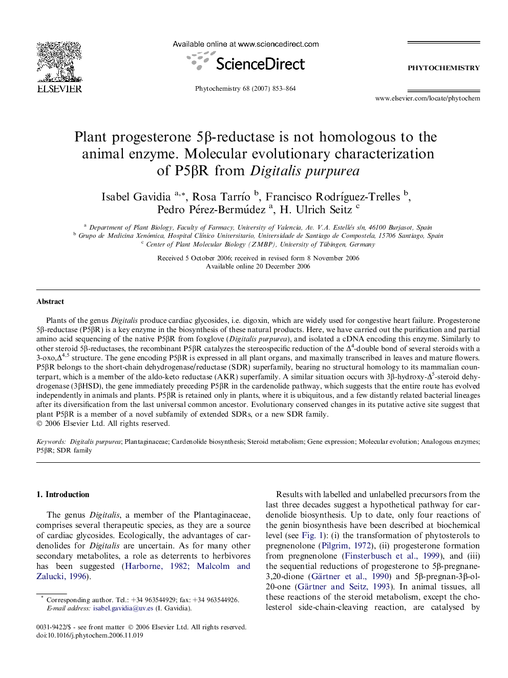 Plant progesterone 5Î²-reductase is not homologous to the animal enzyme. Molecular evolutionary characterization of P5Î²R from Digitalis purpurea