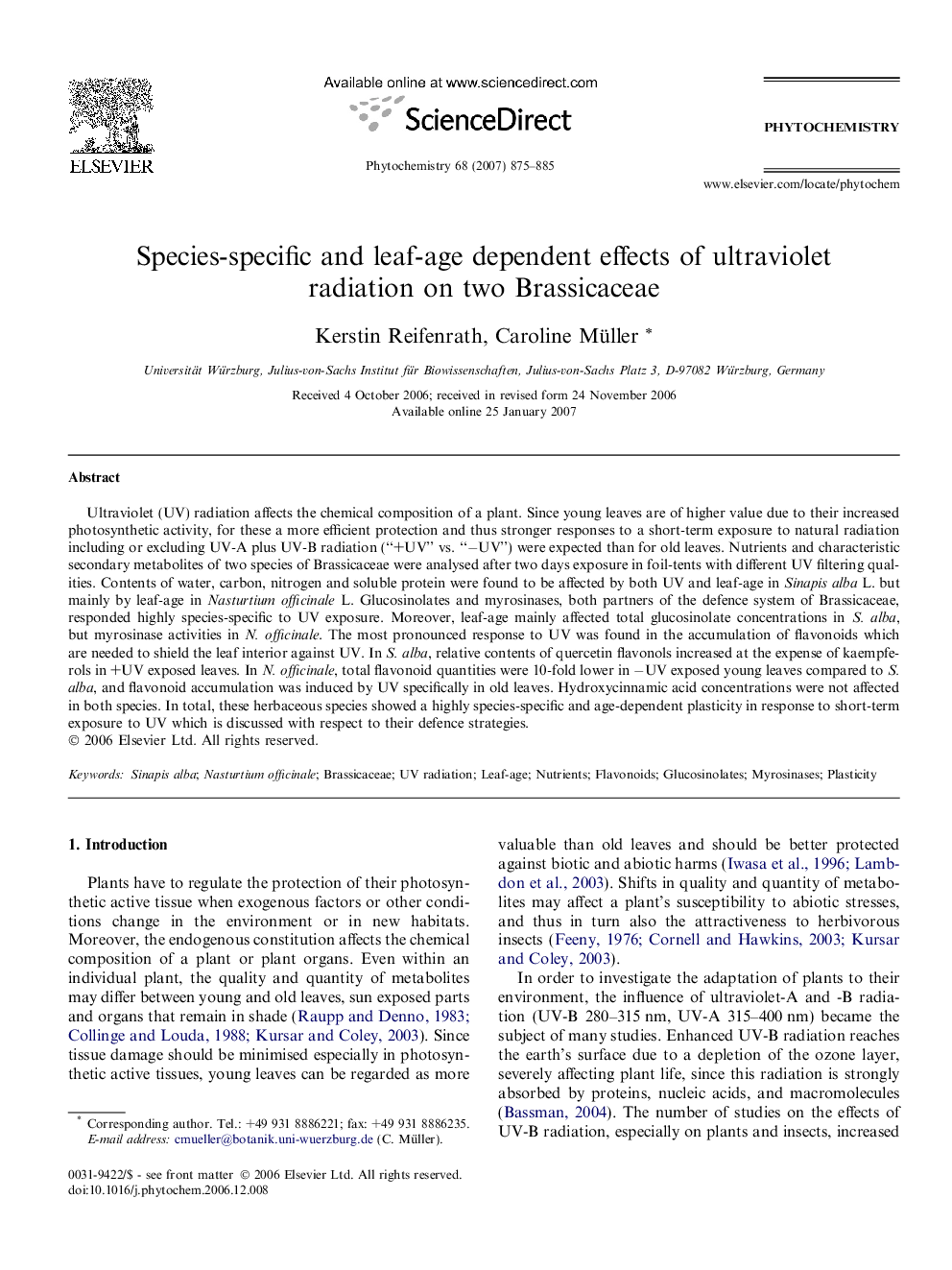 Species-specific and leaf-age dependent effects of ultraviolet radiation on two Brassicaceae