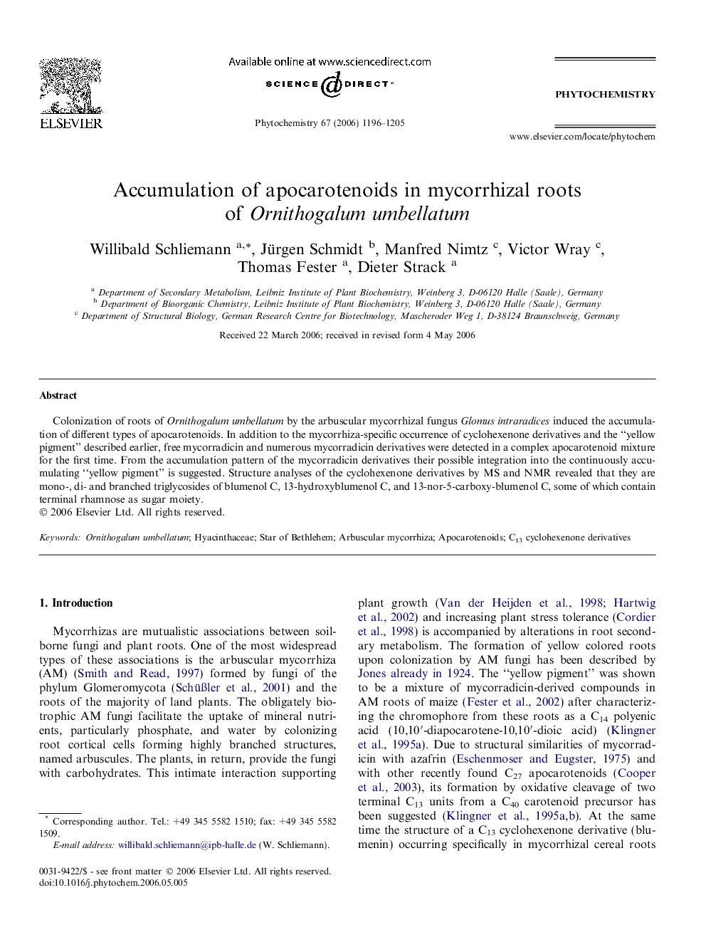 Accumulation of apocarotenoids in mycorrhizal roots of Ornithogalum umbellatum