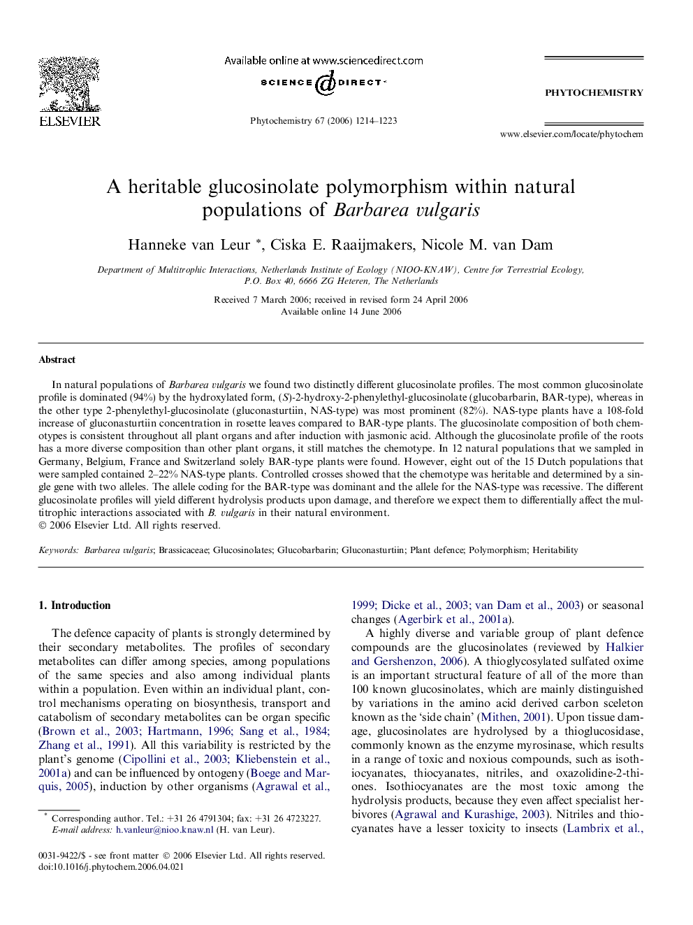 A heritable glucosinolate polymorphism within natural populations of Barbarea vulgaris
