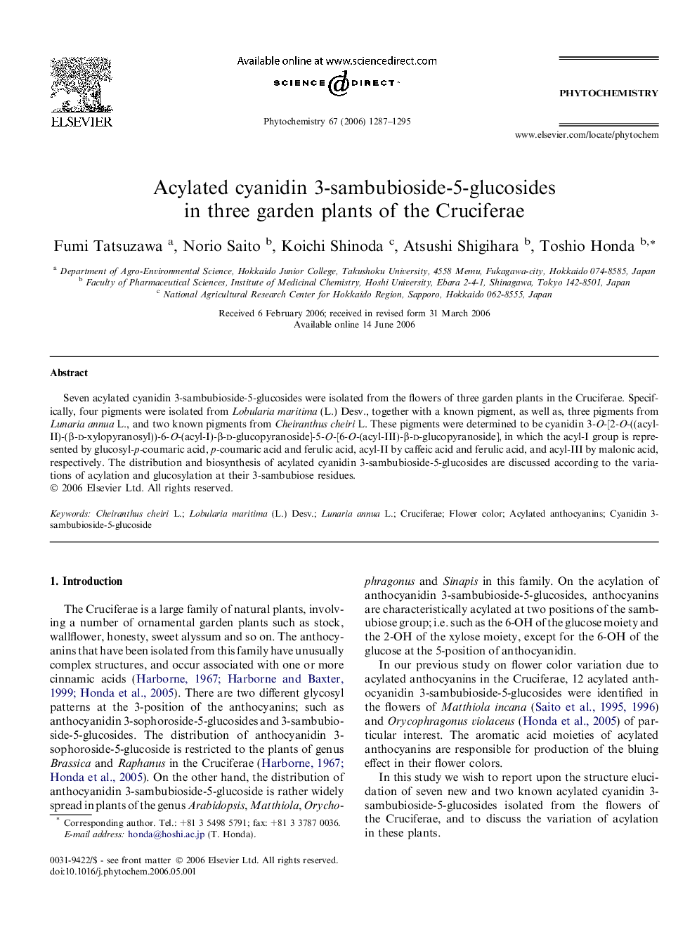 Acylated cyanidin 3-sambubioside-5-glucosides in three garden plants of the Cruciferae