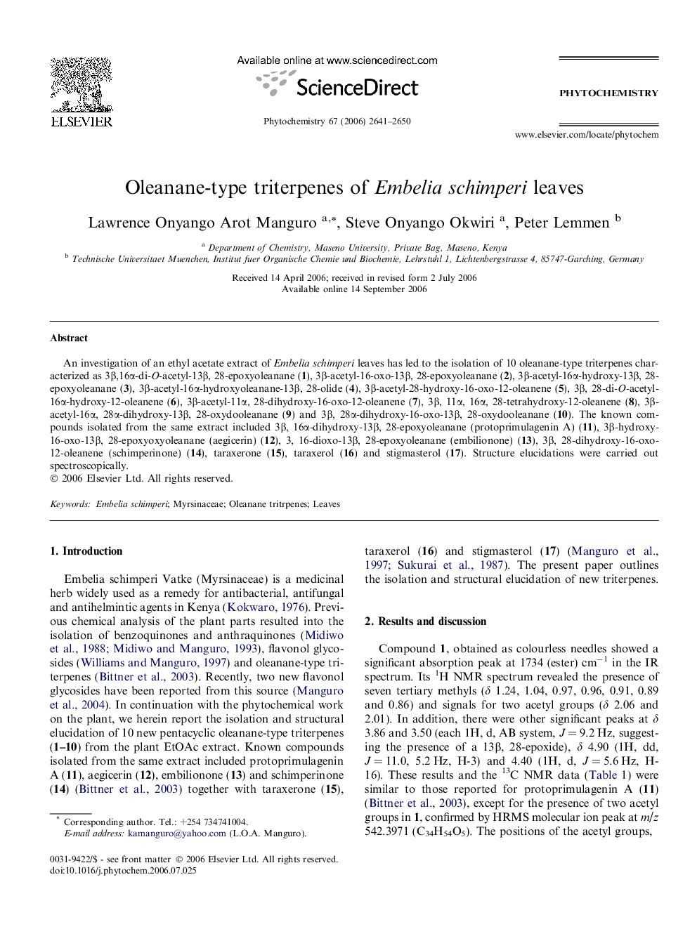 Oleanane-type triterpenes of Embelia schimperi leaves