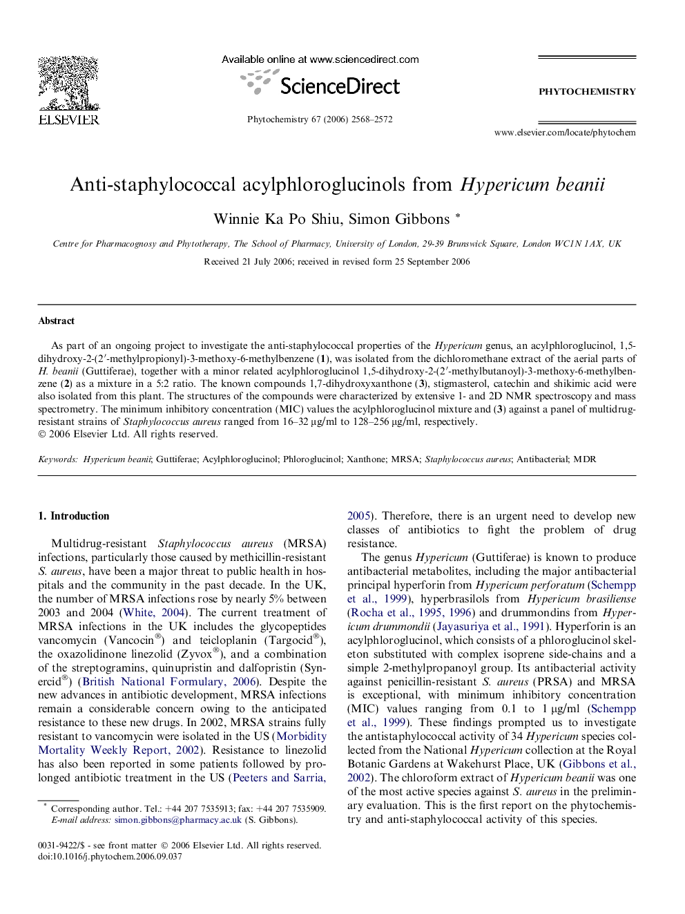 Anti-staphylococcal acylphloroglucinols from Hypericum beanii