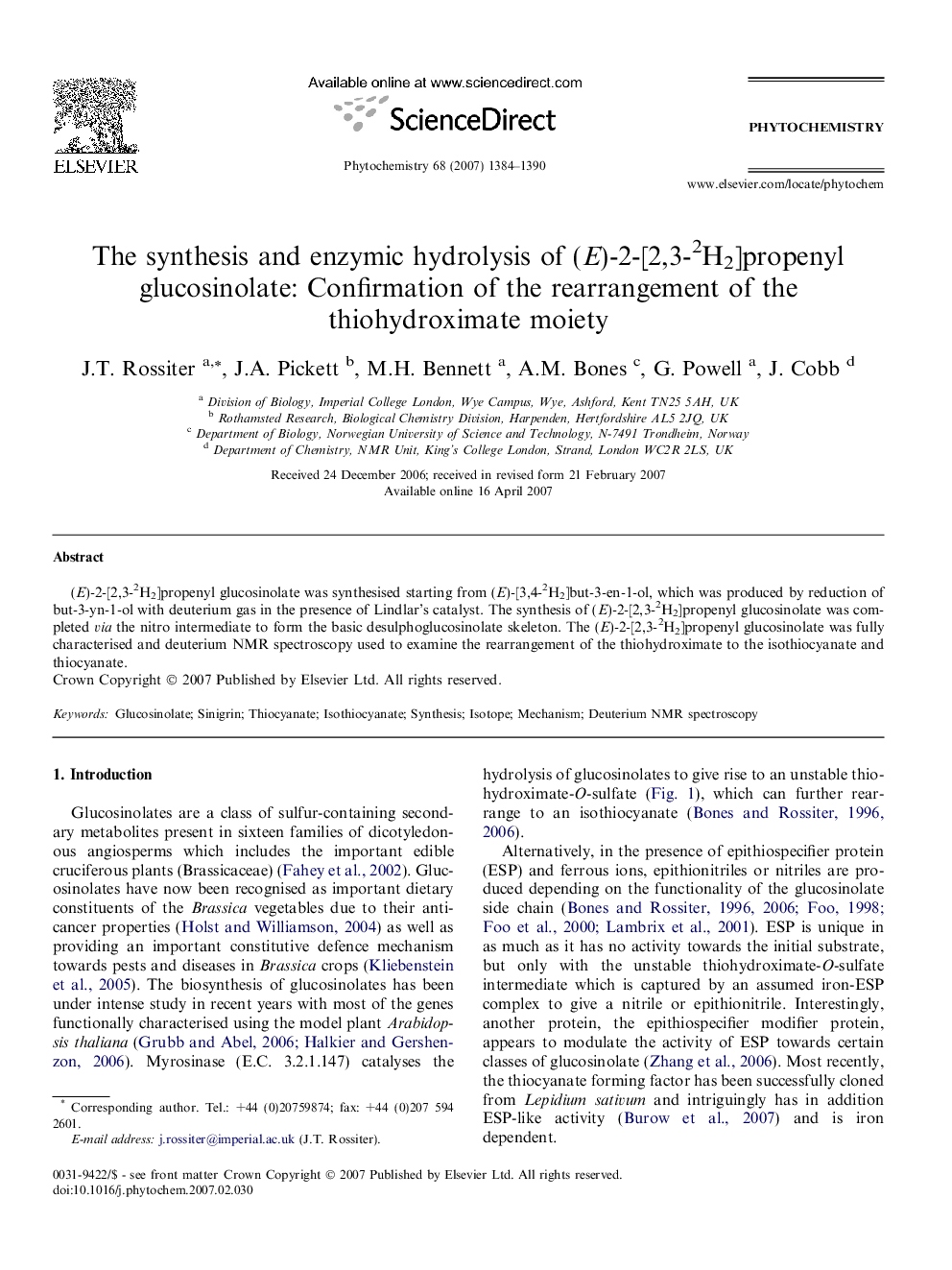 The synthesis and enzymic hydrolysis of (E)-2-[2,3-2H2]propenyl glucosinolate: Confirmation of the rearrangement of the thiohydroximate moiety