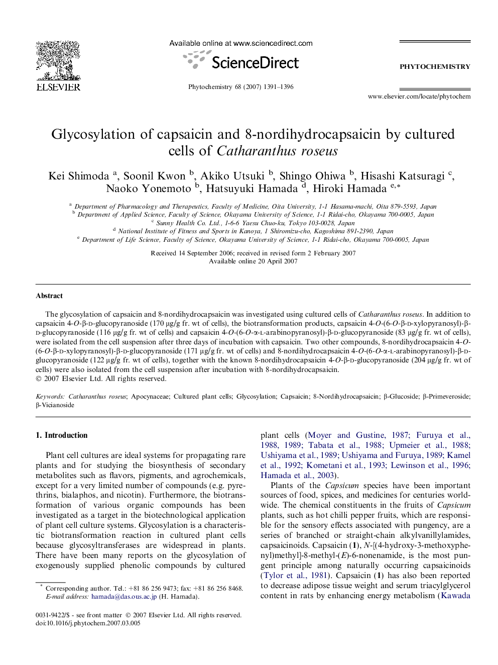 Glycosylation of capsaicin and 8-nordihydrocapsaicin by cultured cells of Catharanthus roseus