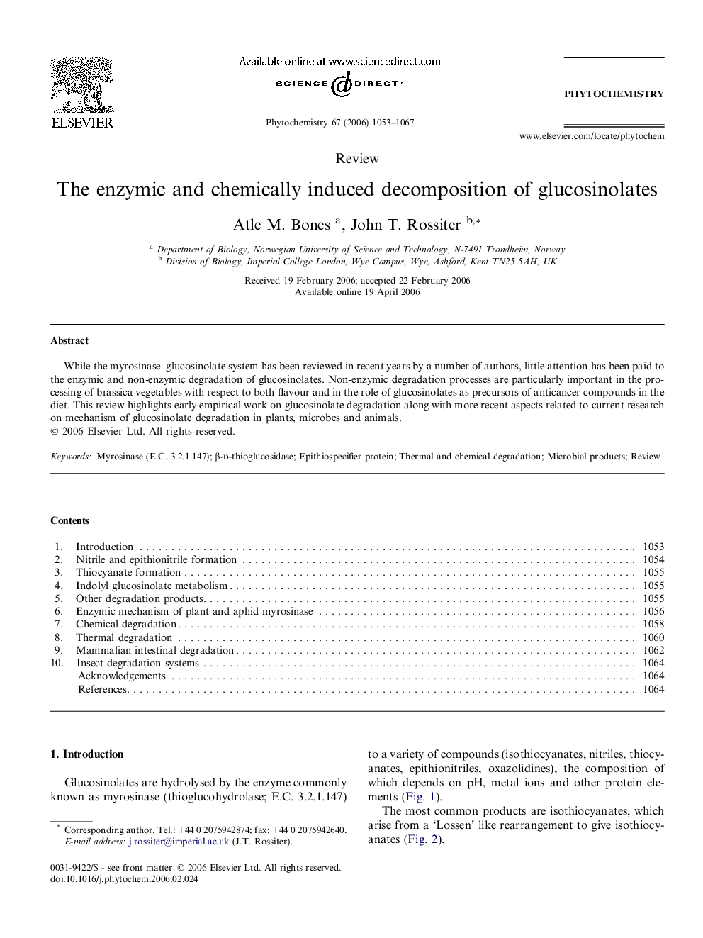 The enzymic and chemically induced decomposition of glucosinolates