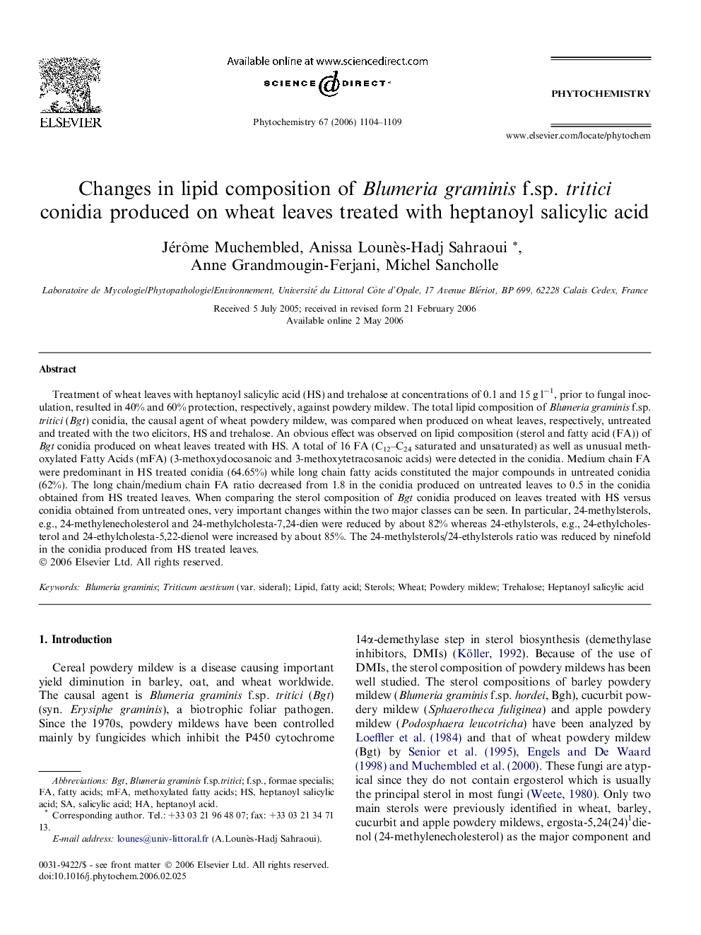 Changes in lipid composition of Blumeria graminis f.sp. tritici conidia produced on wheat leaves treated with heptanoyl salicylic acid