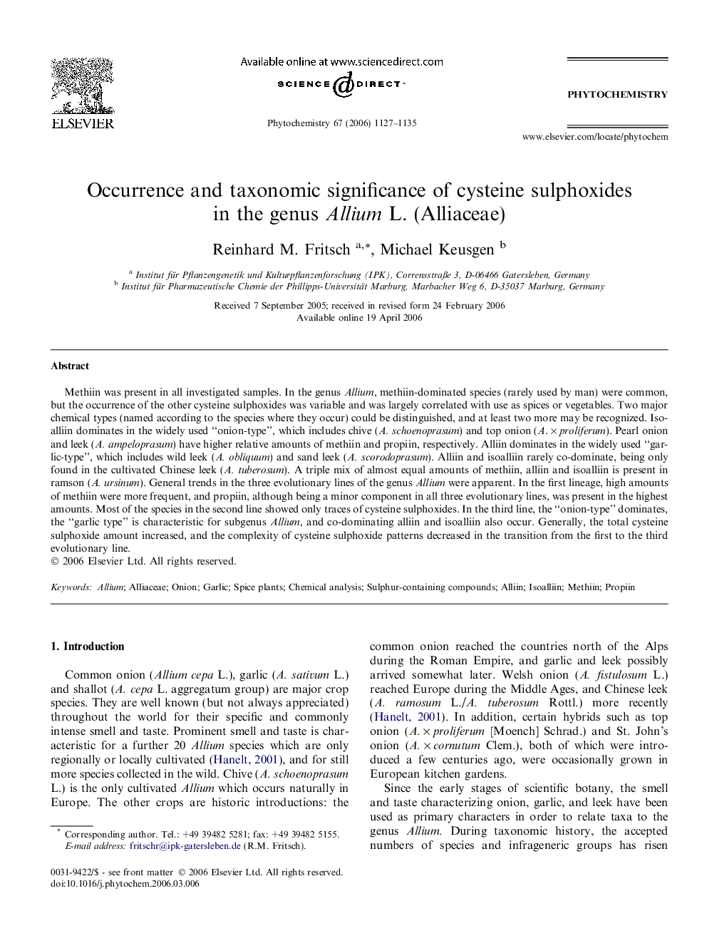 Occurrence and taxonomic significance of cysteine sulphoxides in the genus Allium L. (Alliaceae)