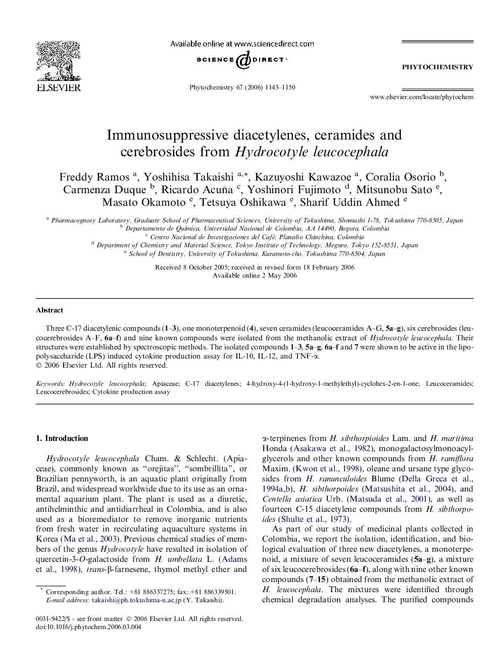 عکس صفحه اول مقاله: Immunosuppressive diacetylenes, ceramides and cerebrosides from Hydrocotyle leucocephala Immunosuppressive diacetylenes, ceramides and cerebrosides from Hydrocotyle leucocephala