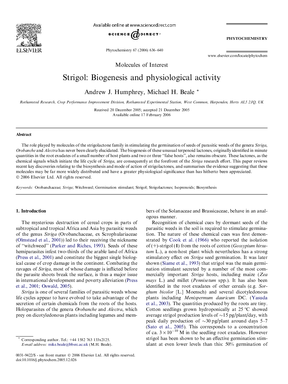 Strigol: Biogenesis and physiological activity