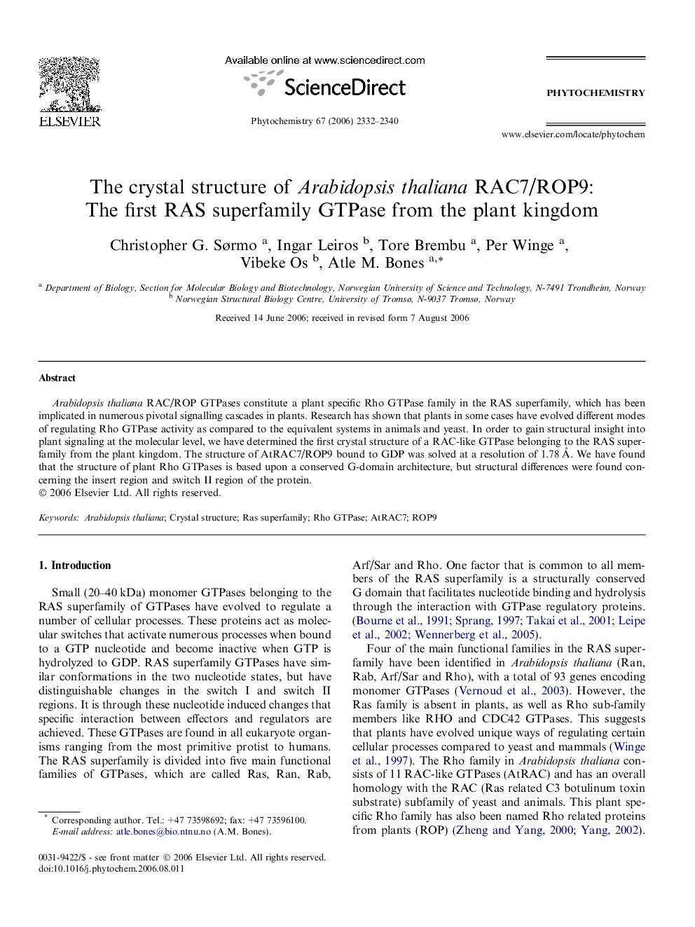 The crystal structure of Arabidopsis thaliana RAC7/ROP9: The first RAS superfamily GTPase from the plant kingdom