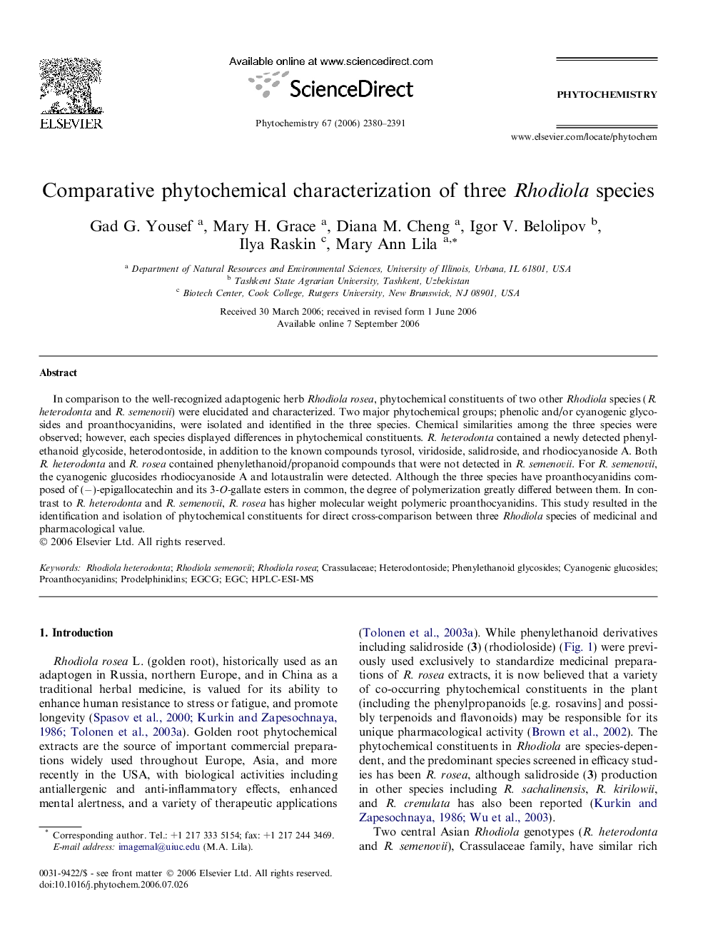 Comparative phytochemical characterization of three Rhodiola species