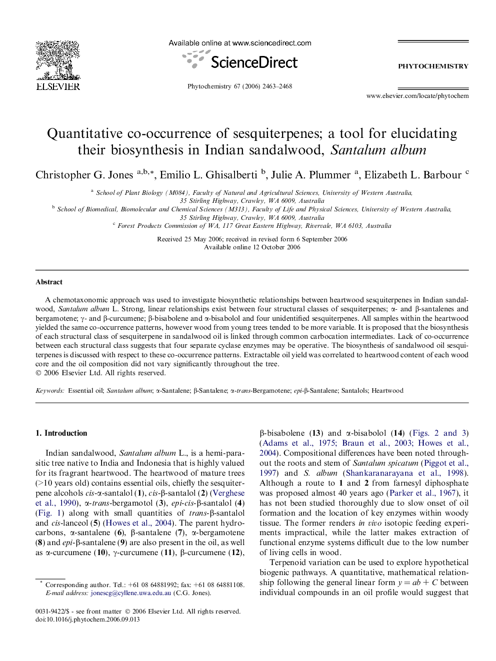 Quantitative co-occurrence of sesquiterpenes; a tool for elucidating their biosynthesis in Indian sandalwood, Santalum album