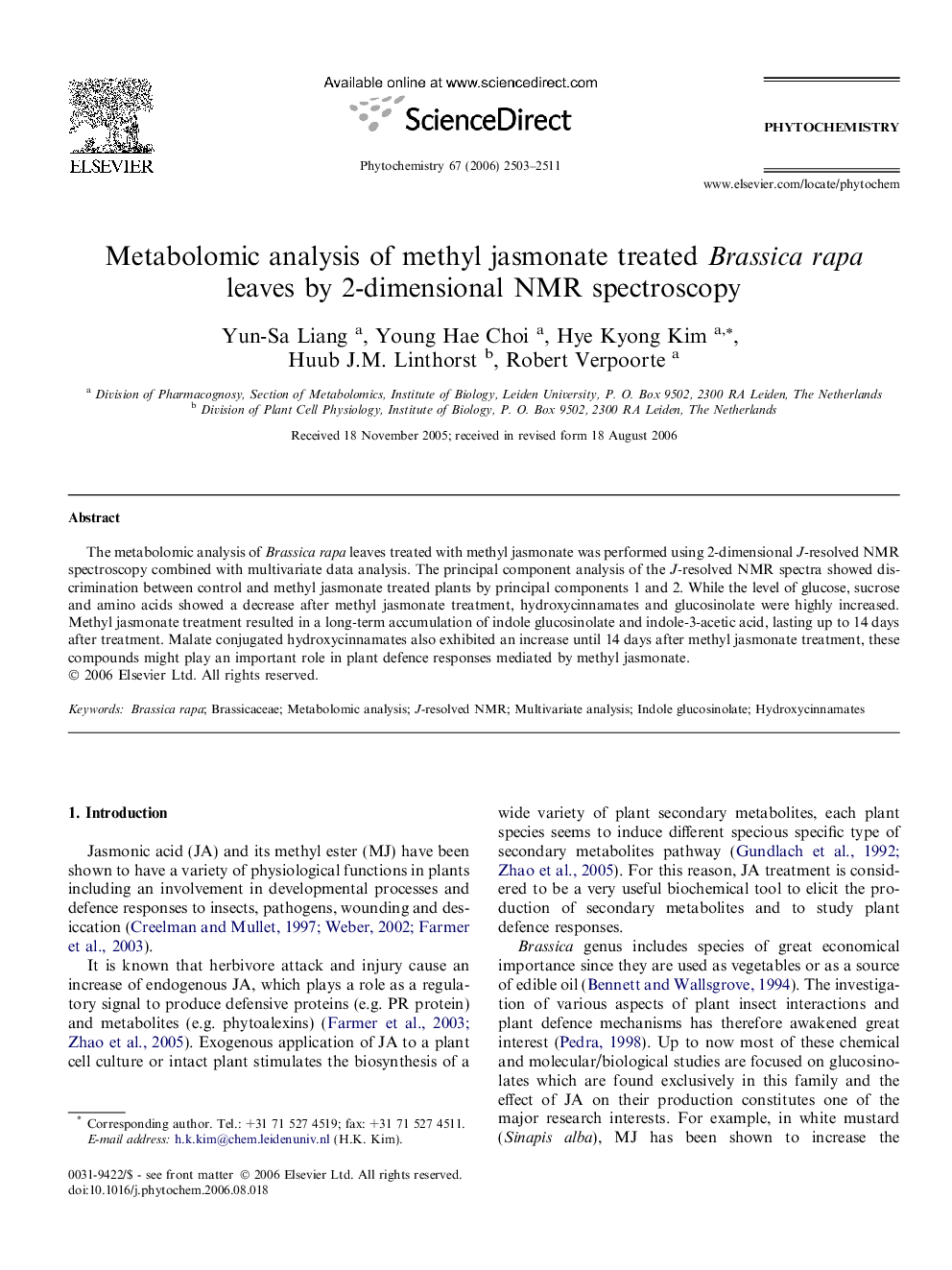 Metabolomic analysis of methyl jasmonate treated Brassica rapa leaves by 2-dimensional NMR spectroscopy