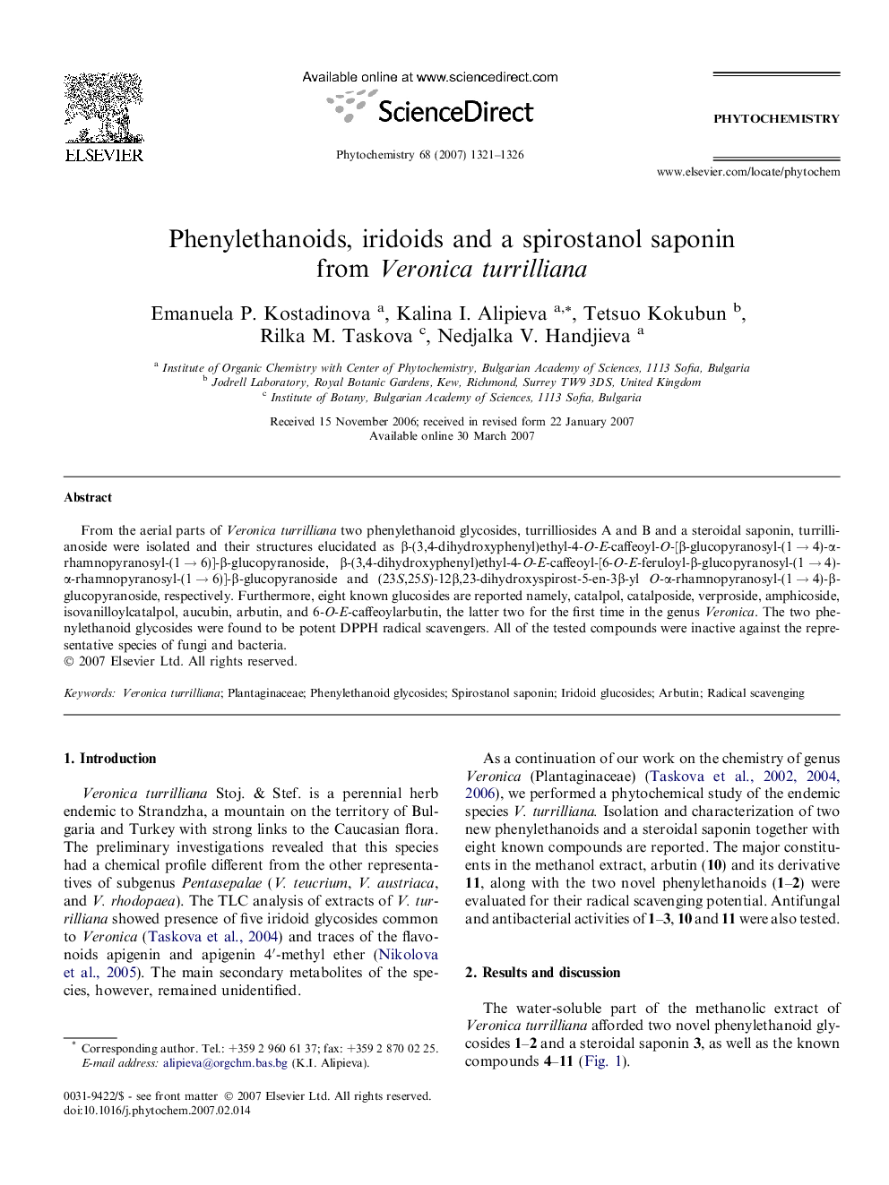 Phenylethanoids, iridoids and a spirostanol saponin from Veronica turrilliana