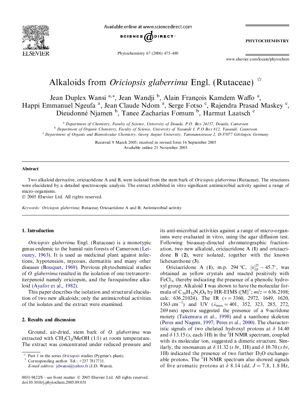 Alkaloids from Oriciopsis glaberrima Engl. (Rutaceae)