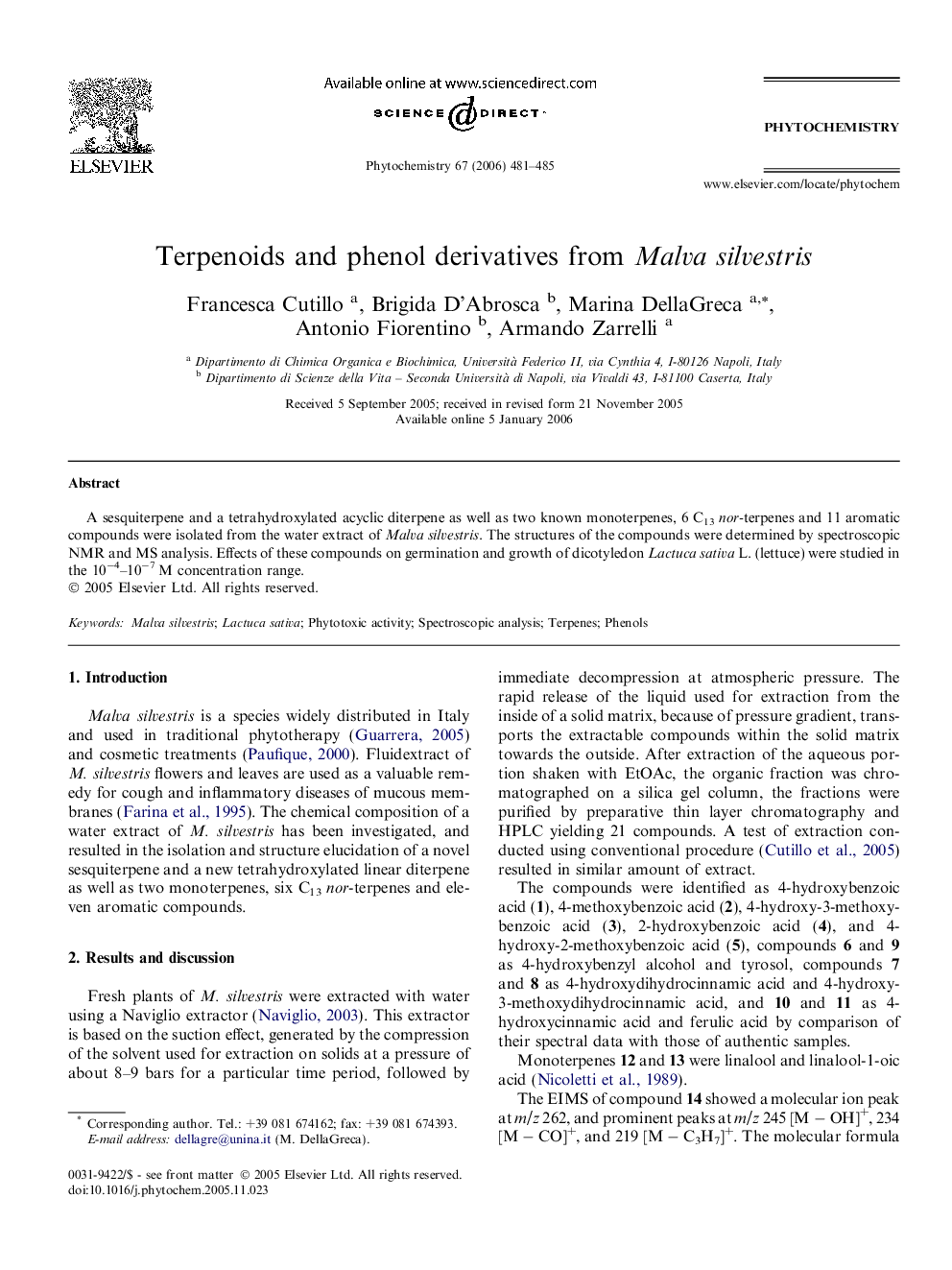 Terpenoids and phenol derivatives from Malva silvestris