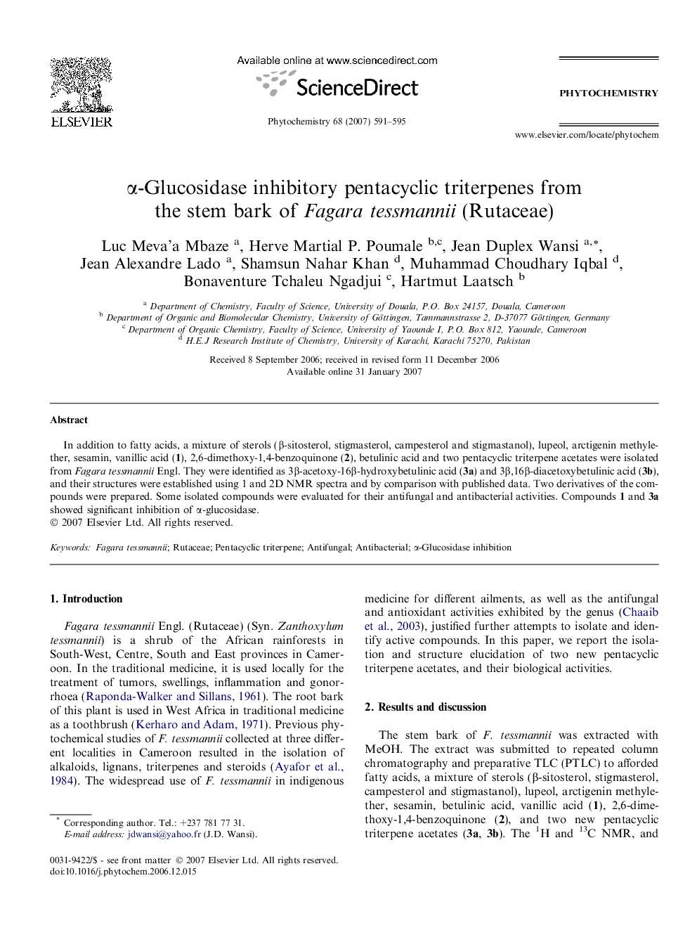 Î±-Glucosidase inhibitory pentacyclic triterpenes from the stem bark of Fagara tessmannii (Rutaceae)