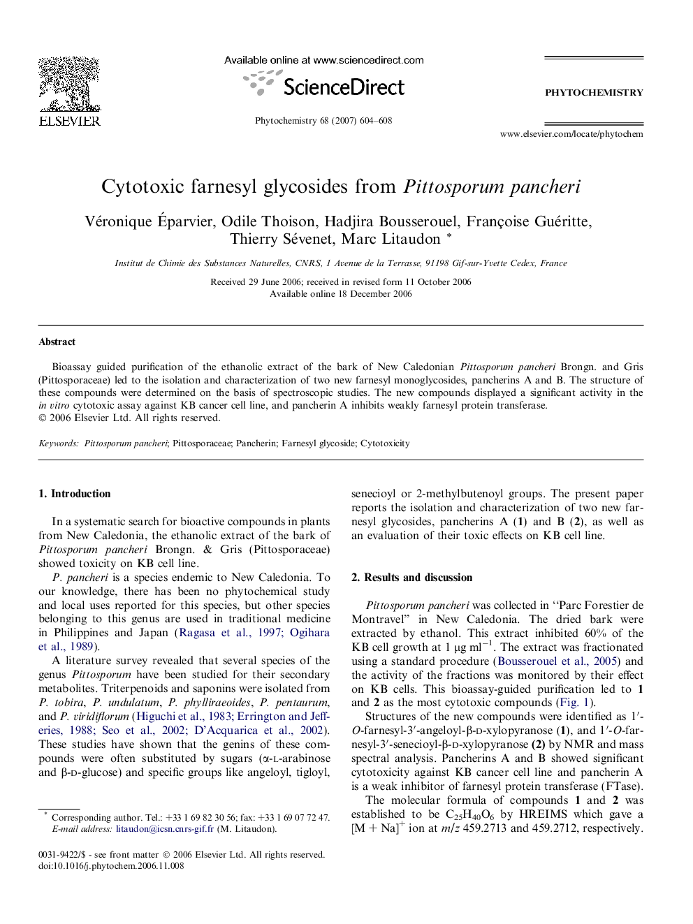 عکس صفحه اول مقاله: Cytotoxic farnesyl glycosides from Pittosporum pancheri Cytotoxic farnesyl glycosides from Pittosporum pancheri