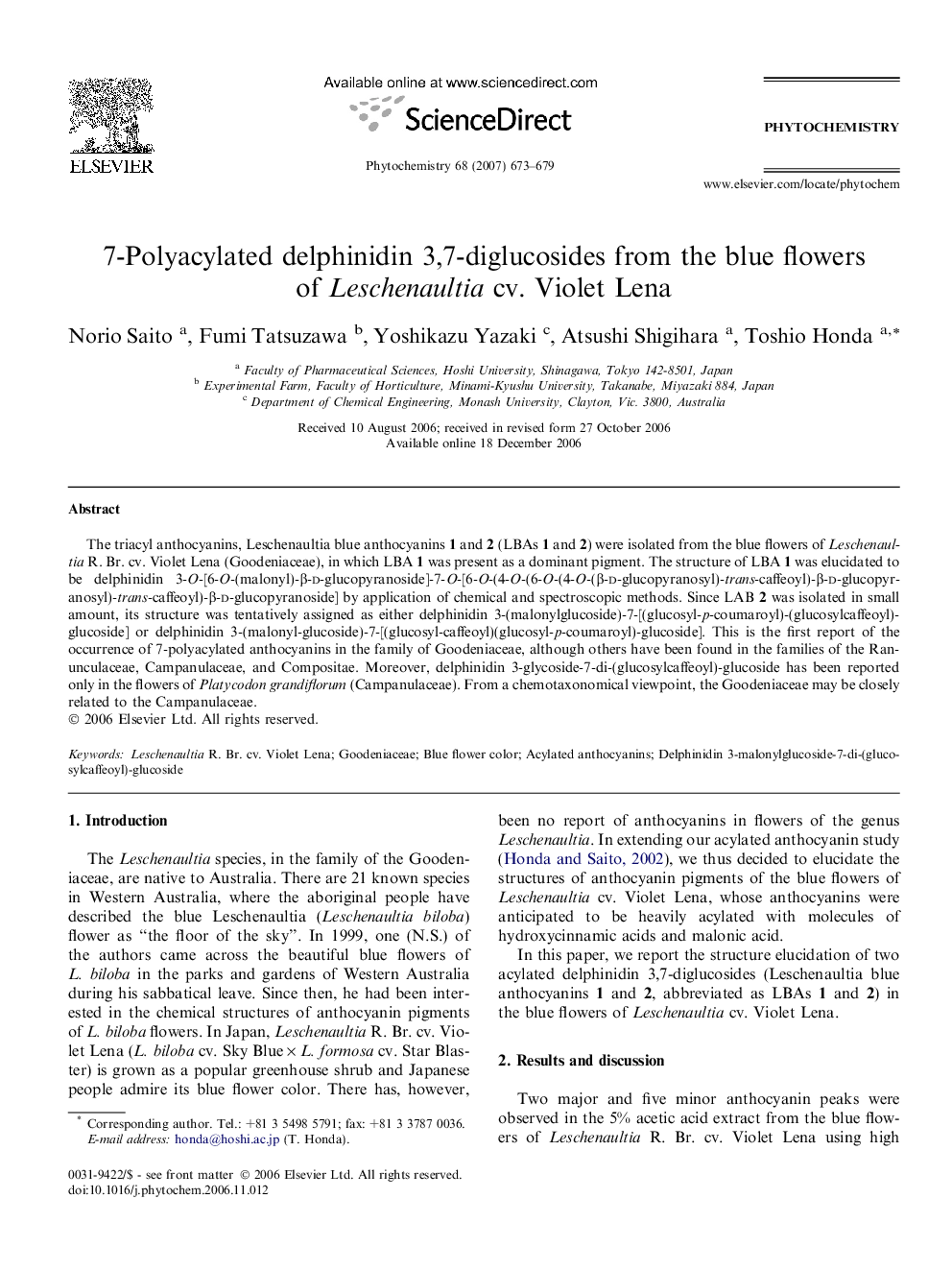 7-Polyacylated delphinidin 3,7-diglucosides from the blue flowers of Leschenaultia cv. Violet Lena