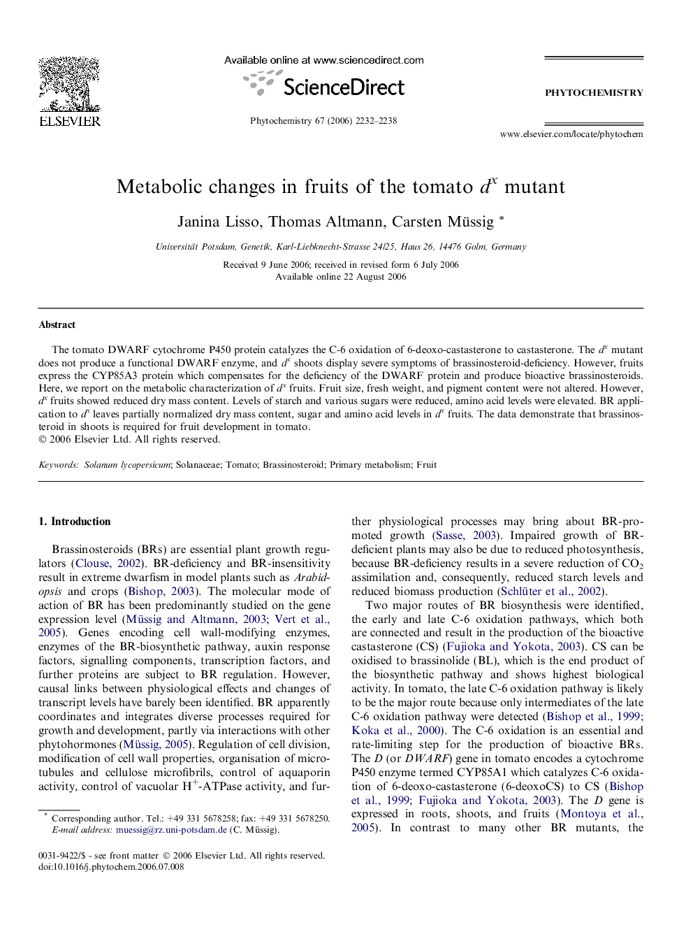 Metabolic changes in fruits of the tomato dx mutant