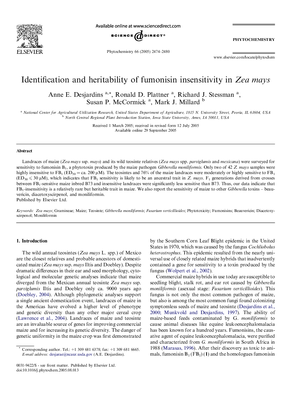 Identification and heritability of fumonisin insensitivity in Zea mays