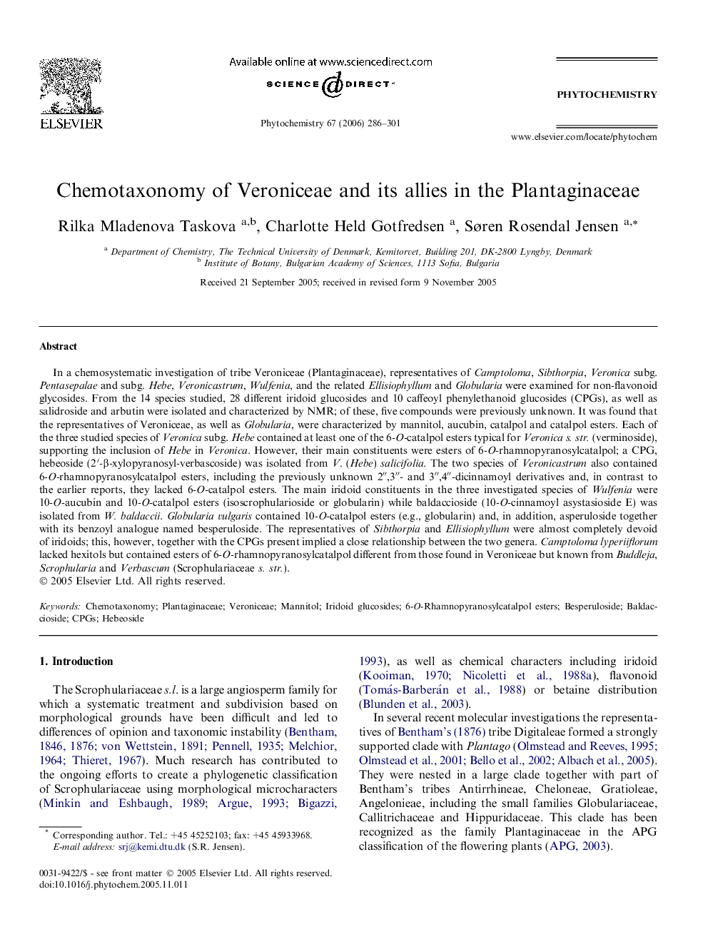 Chemotaxonomy of Veroniceae and its allies in the Plantaginaceae