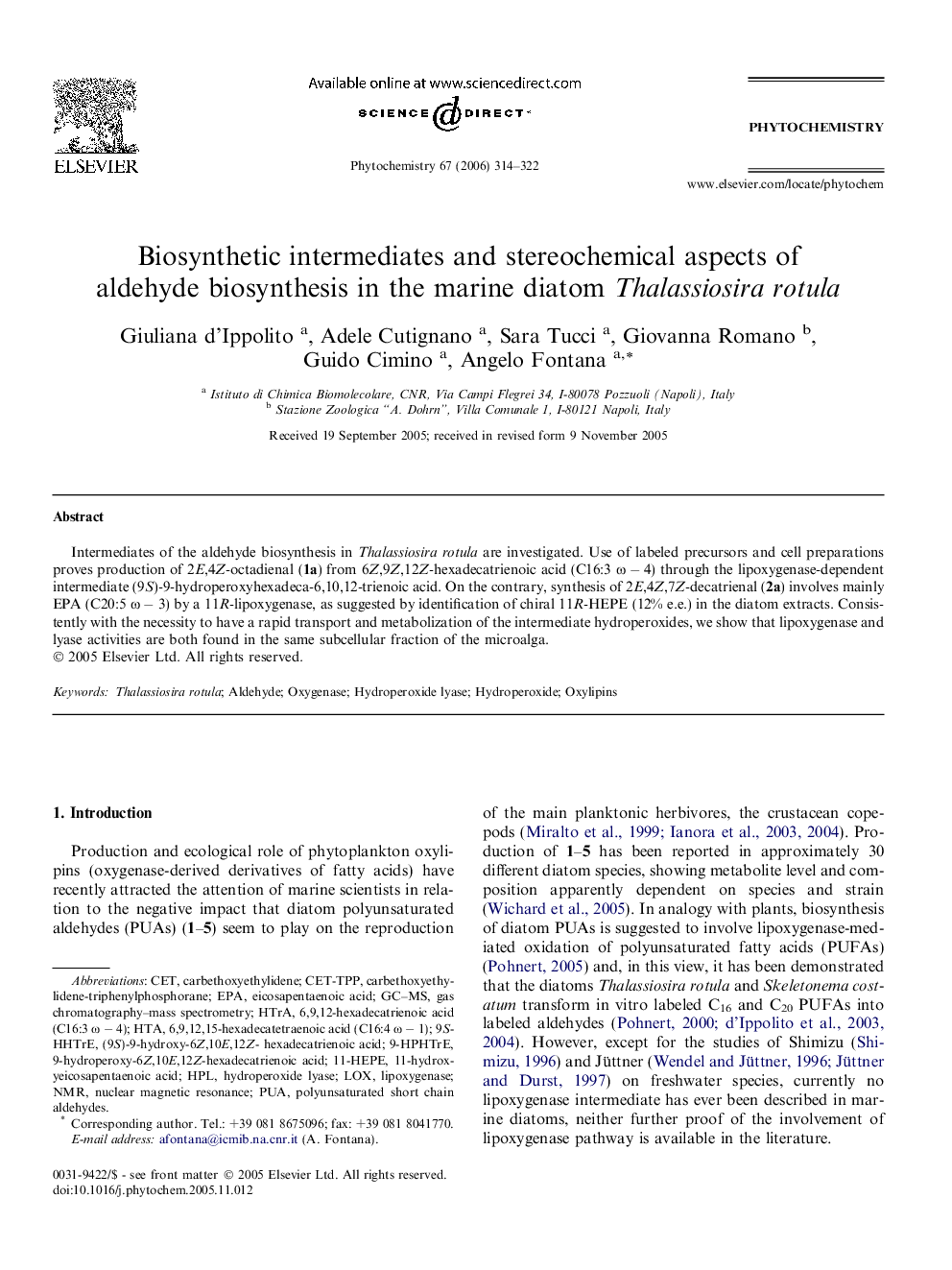 Biosynthetic intermediates and stereochemical aspects of aldehyde biosynthesis in the marine diatom Thalassiosira rotula