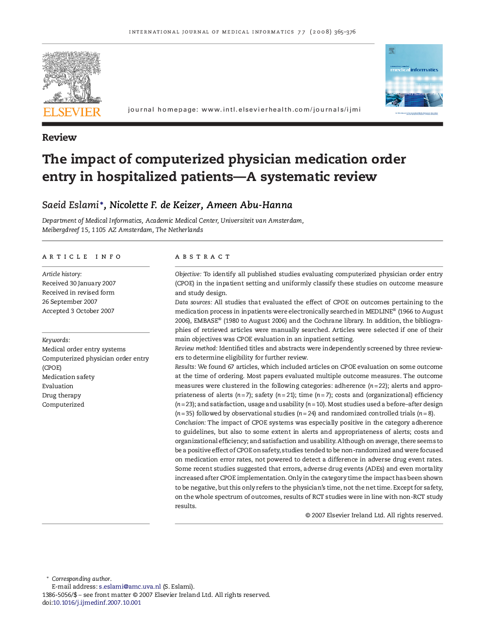 The impact of computerized physician medication order entry in hospitalized patients—A systematic review