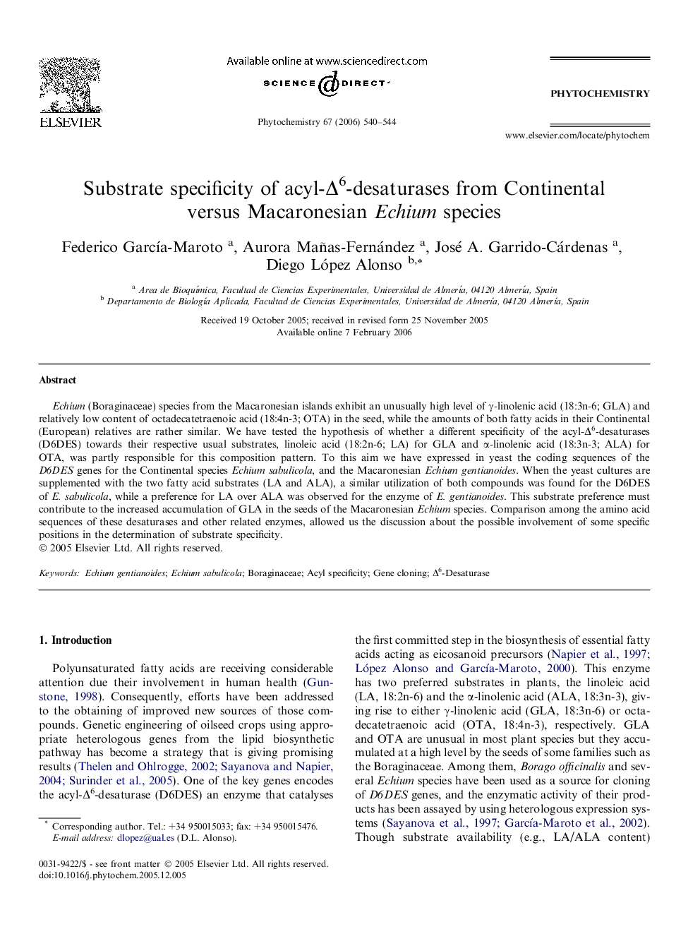 Substrate specificity of acyl-Î6-desaturases from Continental versus Macaronesian Echium species