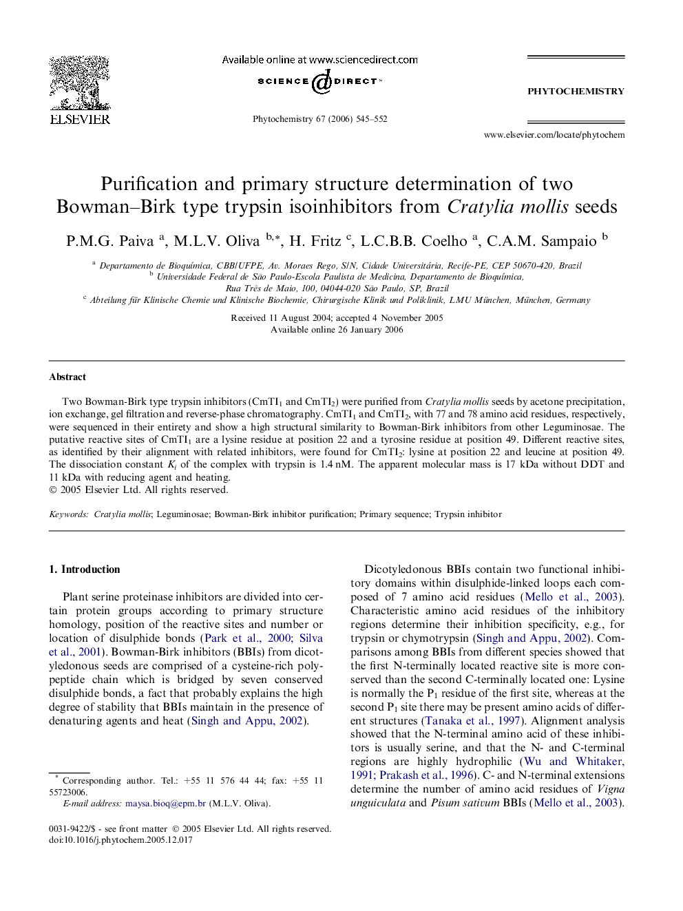 Purification and primary structure determination of two Bowman-Birk type trypsin isoinhibitors from Cratylia mollis seeds