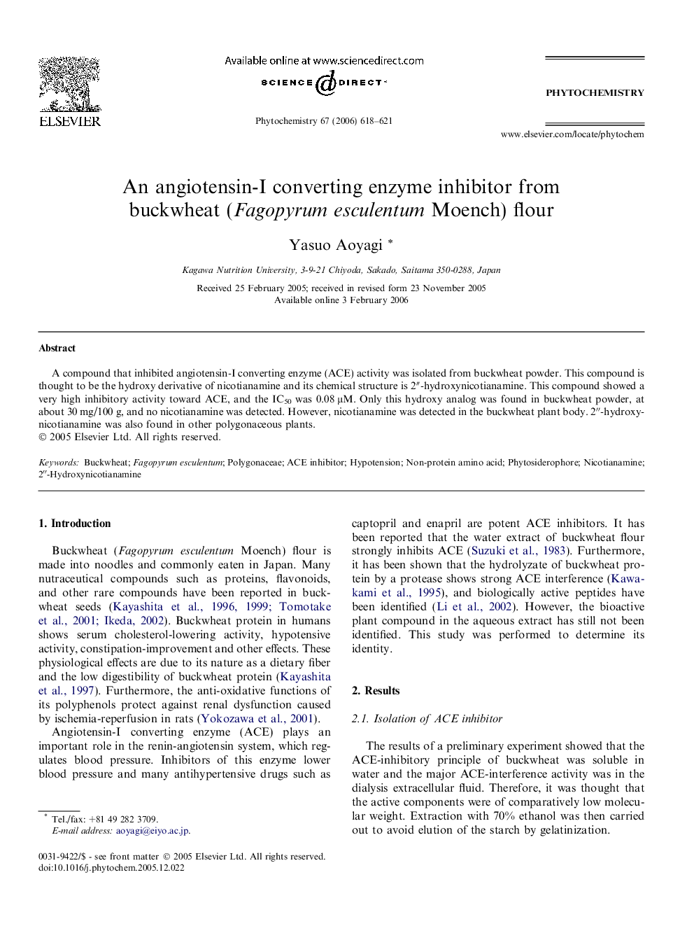 An angiotensin-I converting enzyme inhibitor from buckwheat (Fagopyrum esculentum Moench) flour