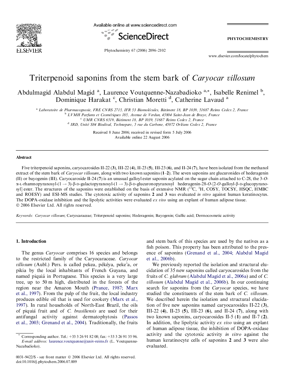 Triterpenoid saponins from the stem bark of Caryocar villosum