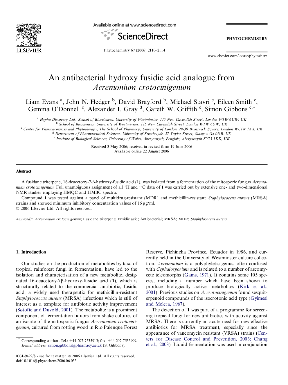 An antibacterial hydroxy fusidic acid analogue from Acremonium crotocinigenum