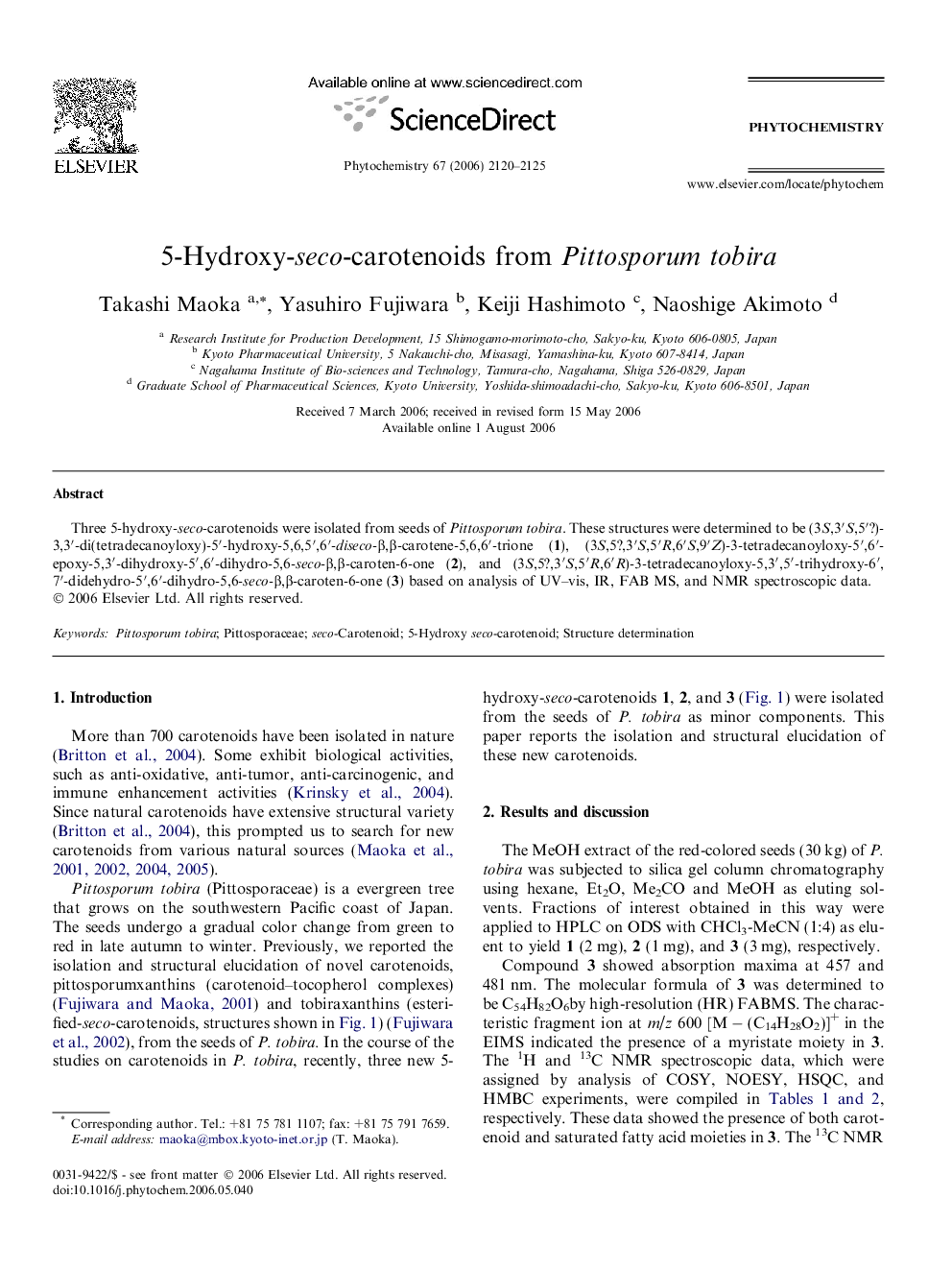 5-Hydroxy-seco-carotenoids from Pittosporum tobira