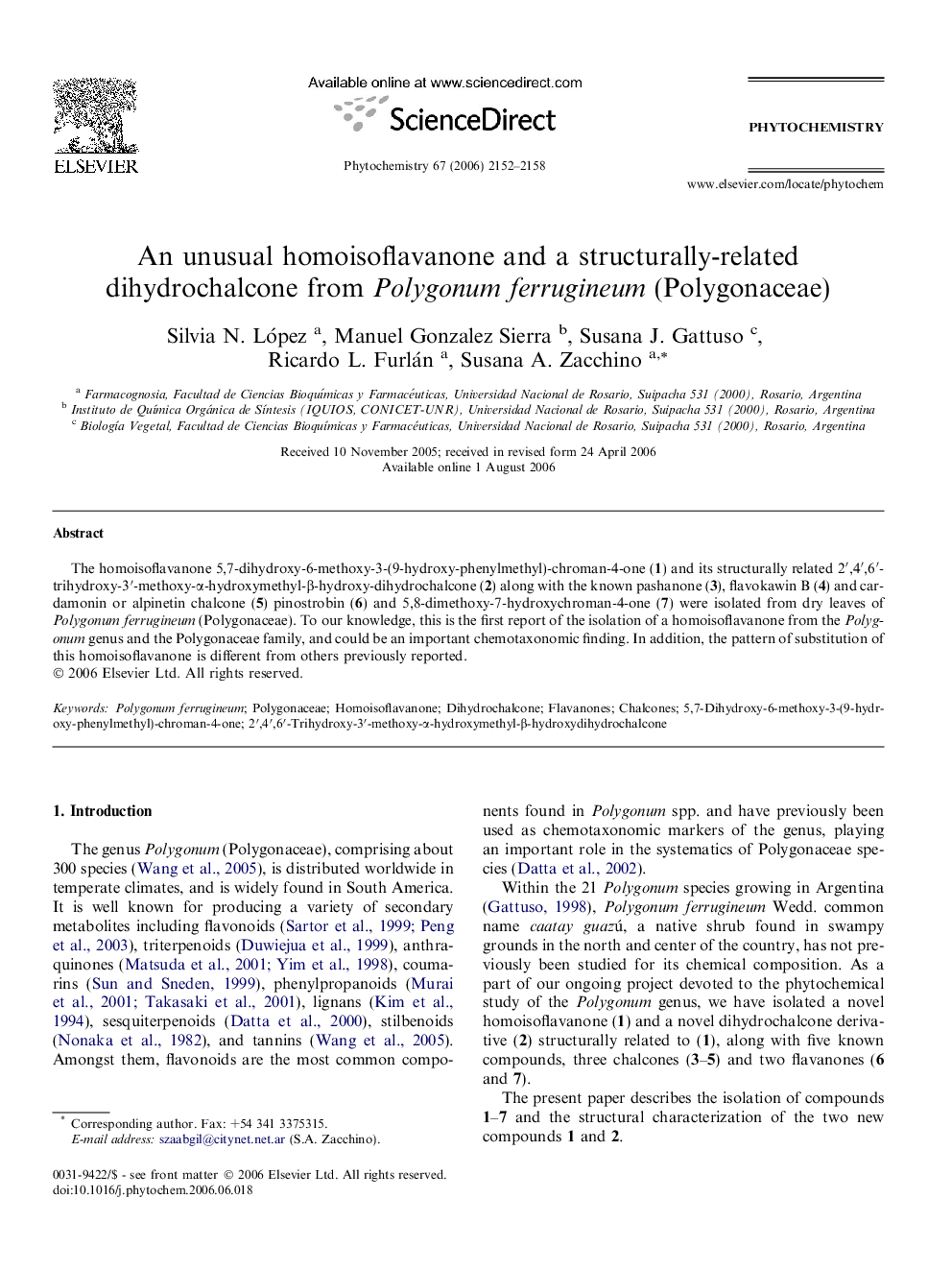 An unusual homoisoflavanone and a structurally-related dihydrochalcone from Polygonum ferrugineum (Polygonaceae)