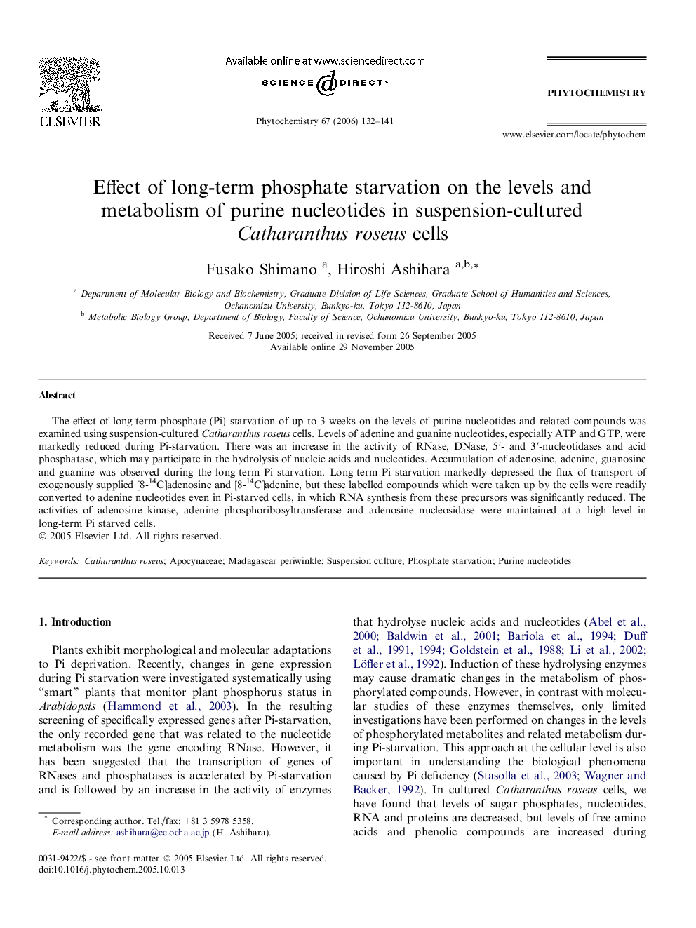 Effect of long-term phosphate starvation on the levels and metabolism of purine nucleotides in suspension-cultured Catharanthus roseus cells