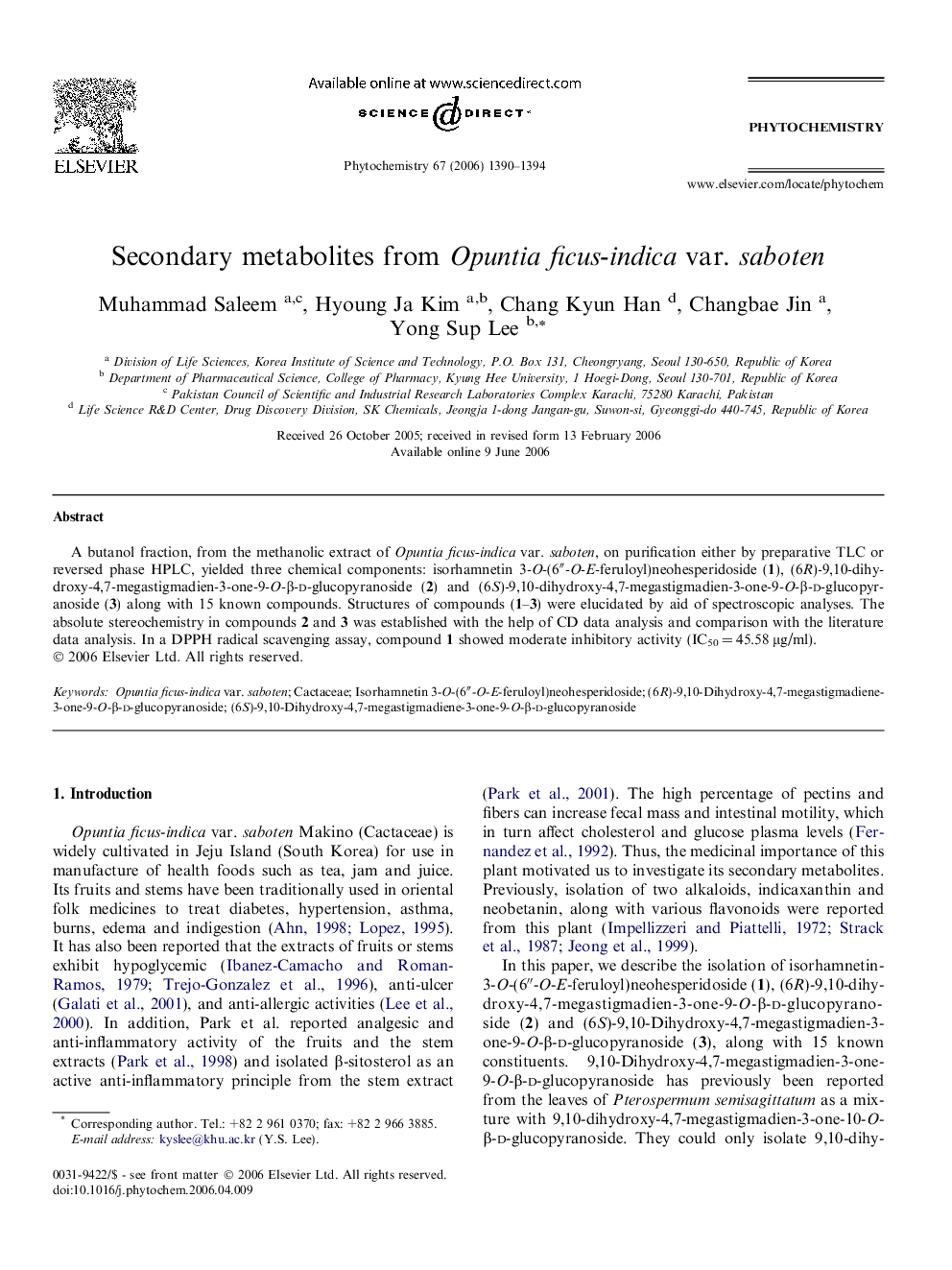 Secondary metabolites from Opuntia ficus-indica var. saboten