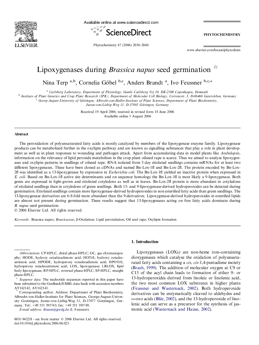 Lipoxygenases during Brassica napus seed germination