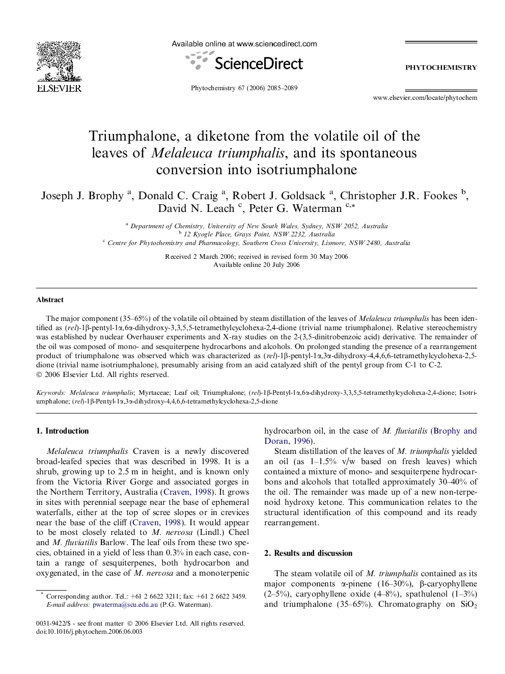 Triumphalone, a diketone from the volatile oil of the leaves of Melaleuca triumphalis, and its spontaneous conversion into isotriumphalone