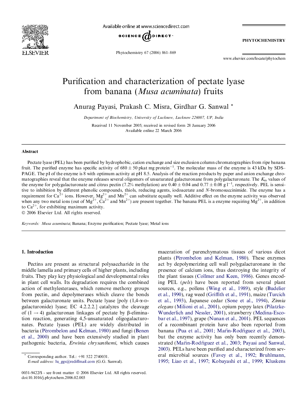 Purification and characterization of pectate lyase from banana (Musa acuminata) fruits