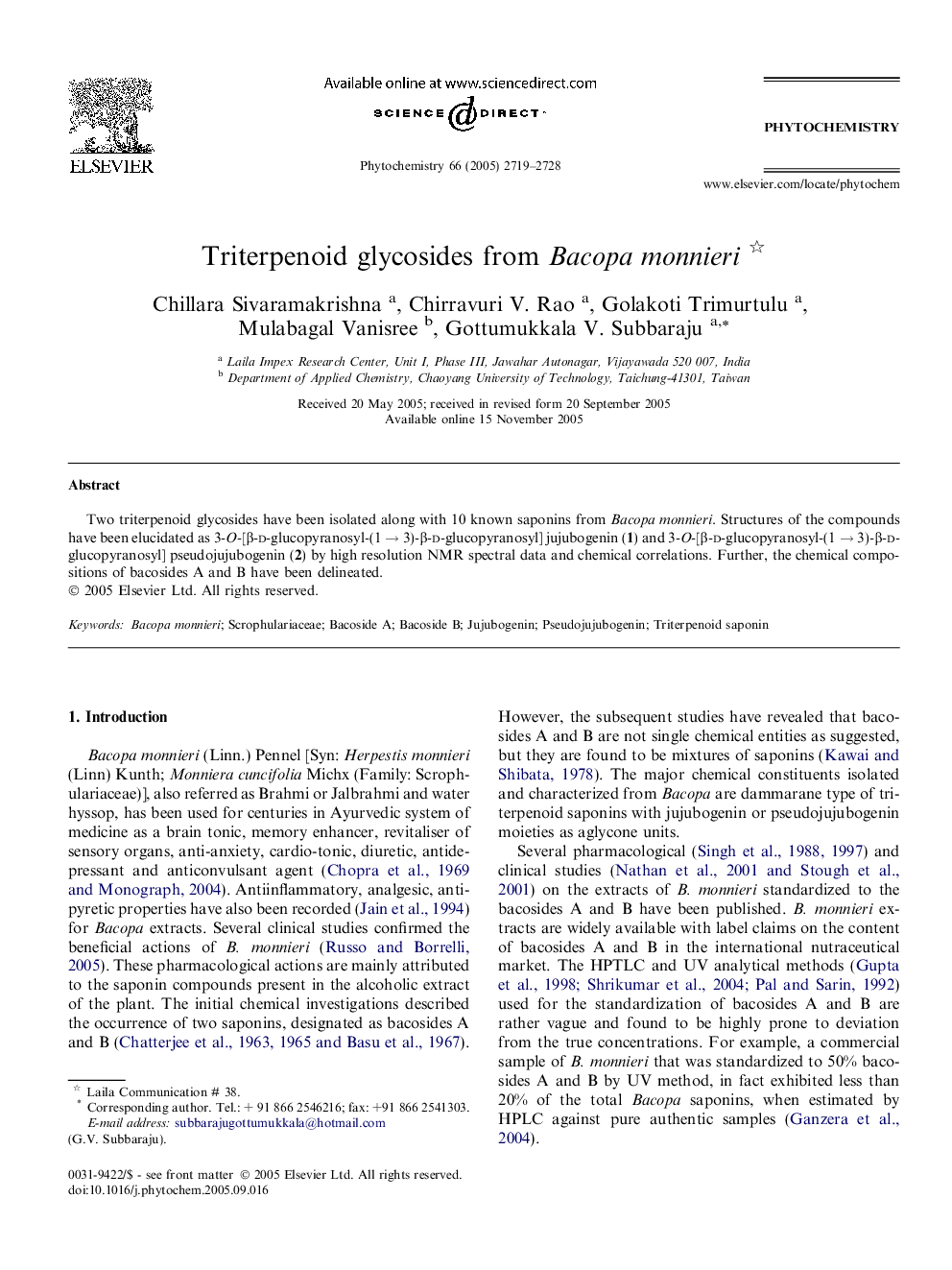 Triterpenoid glycosides from Bacopa monnieri